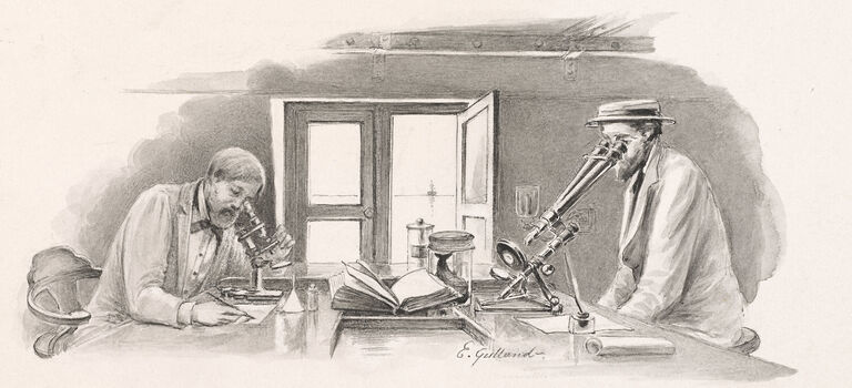 Illustration of naturalists conducting research on board