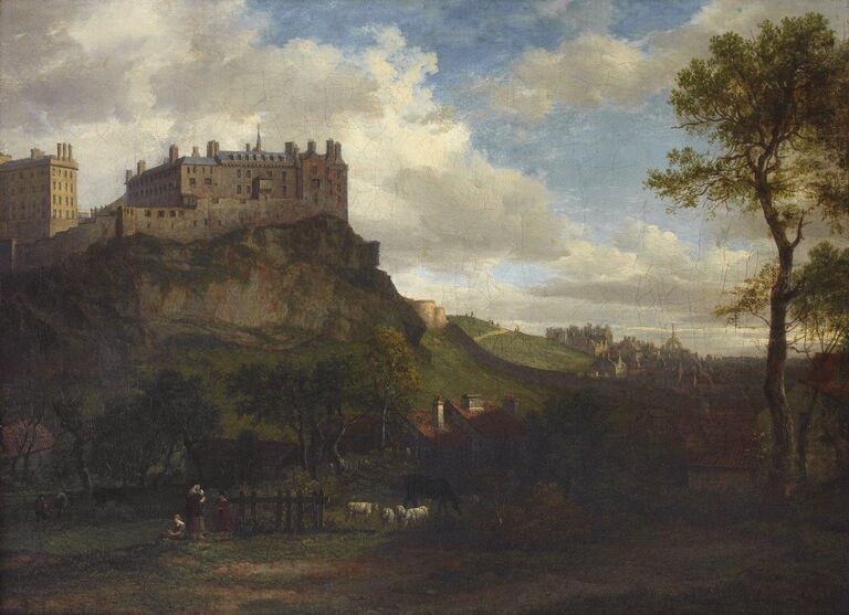 Landscape painting with Edinburgh Castle on top of a hill and the city skyline and people and cattle in the foreground..