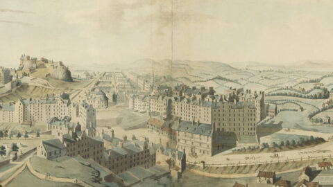 Illustrated panorama of Edinburgh in a wooden frame
