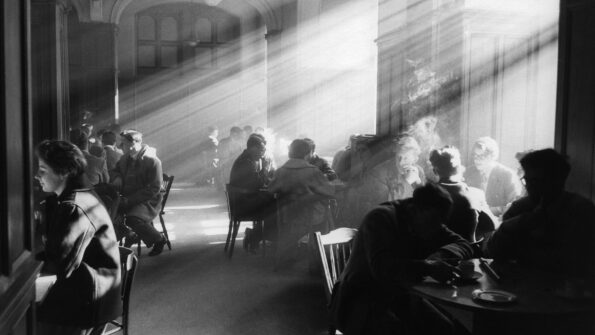 black and white photograph of students sitting in a café at the University of Edinburgh © Estate of Robert Blomfield