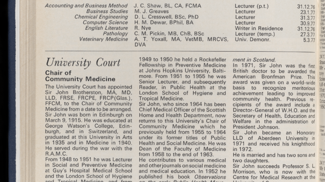 John Howie Flint Brotherston’s appointment to Chair of Community Medicine