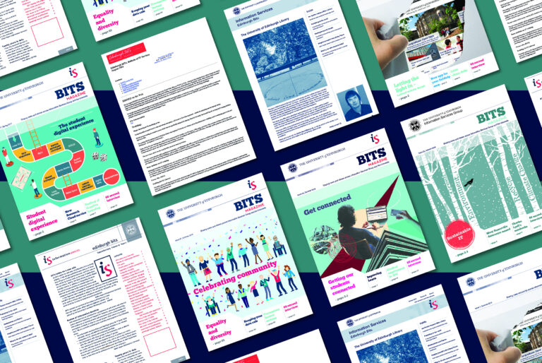 A collage of the covers of various editions and design iterations of the University of Edinburgh’s BITs magazine and Edinburgh BITs newsletter. Each cover features the University Edinburgh and Information Services branding, with distinct visual elements for each issue.