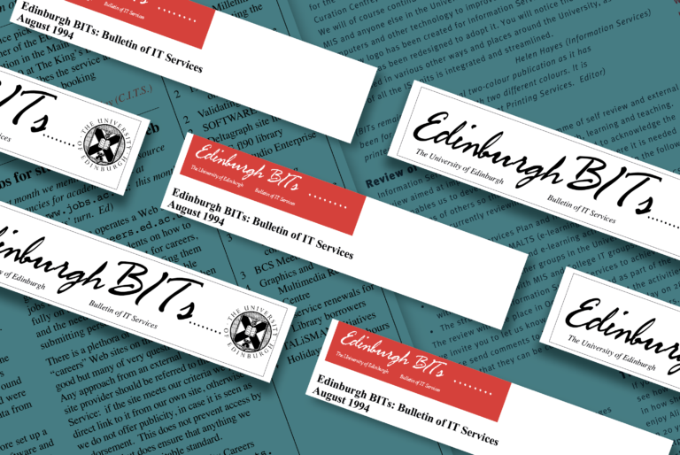 Headers from two of the different design iterations of the University of Edinburgh’s Bulletin of IT Services against the background of the text from one of the publications.