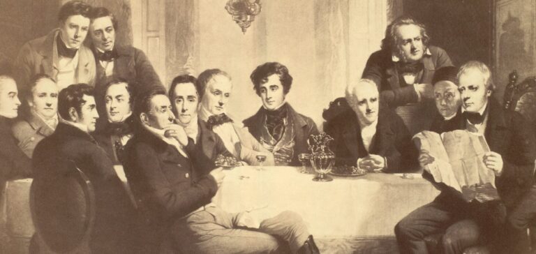 Engraving of a group of men around a table.