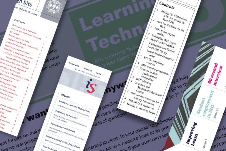 Contents sections from various editions of the University of Edinburgh BITs newsletter against the background of the text from an edition of the Learning Technology Supplement.