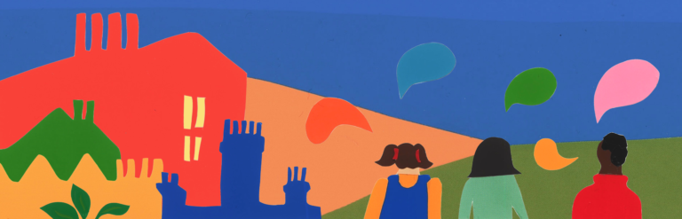 Three figures stand in front of a brightly coloured landscape of buildings under a blue sky. Five differently coloured speech bubbles float above their heads.