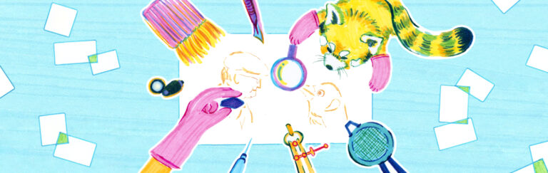 An illustration of paper conservation work being carried out on a photograph. A conservator is assisted by a red panda wearing gloves.