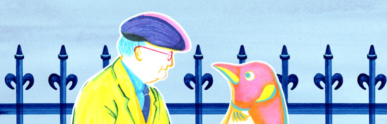 An illustration of a penguin and Thomas Gillespie looking towards each other.