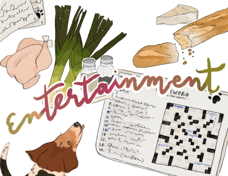 A colourful illustration of dog, a recipe accompanied by other food and ingredients, and a crossword.
