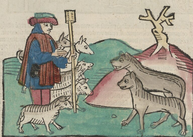 A shepherd is talking to wolf.