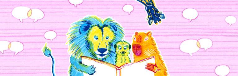 An illustration of a lion, meercat, capibara, and a giraffe looking at a book together.