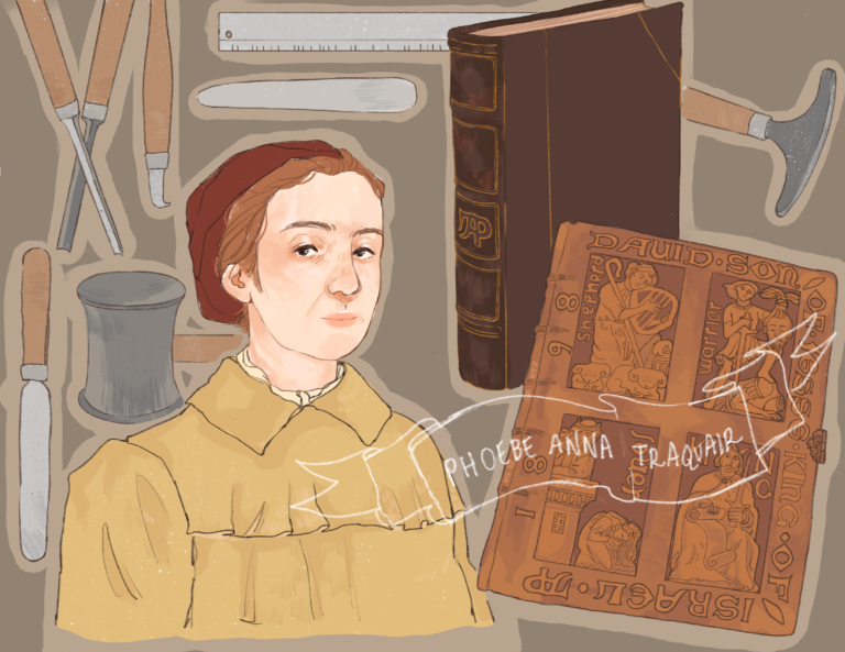 A coloured illustration of Phoebe Anna Traquair, surrounded by bookbinding tools and some examples of her own bindings, including the Psalms of David.