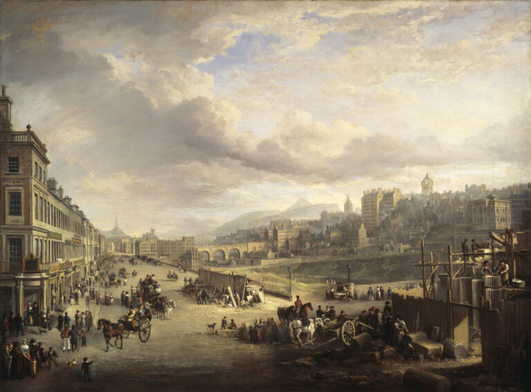 Painting of Princes Street with the construction of the Royal Institution on the right.